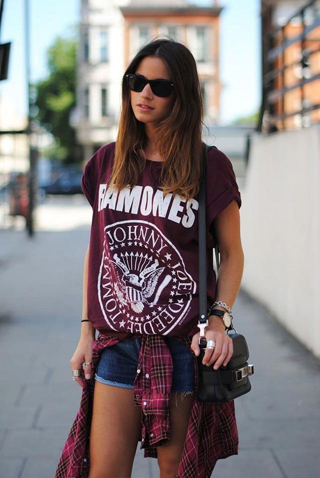 Music festival outfit idea: Cropped tee shirt, flannel shirt
