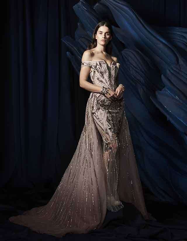 Sage Gold Tulle Glass Bugle Bead Embroidered Gown Design by Gaurav Gupta at  Pernia's Pop Up Shop 2024