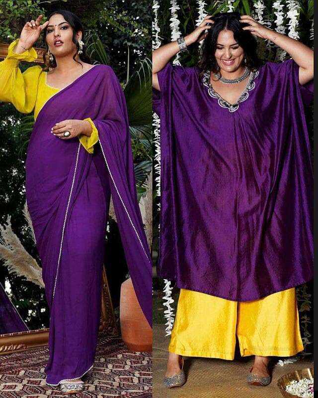 Sakshi Sindwani in a purple kaftan and yellow palazzo set by Alaya by Stage 3