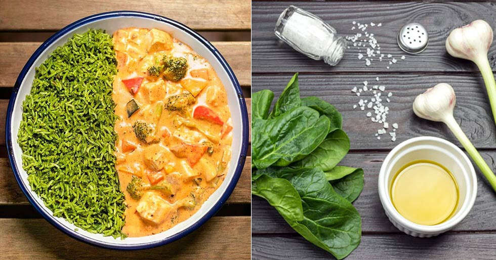 Have An Exotic Meal With Vegetables In Paprika Sauce And Spinach Rice