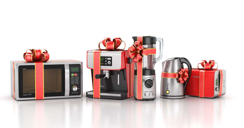 Kitchen appliances. Blender, toaster, coffee machine, kettle and Stock  Photo by ©urfingus 110073080
