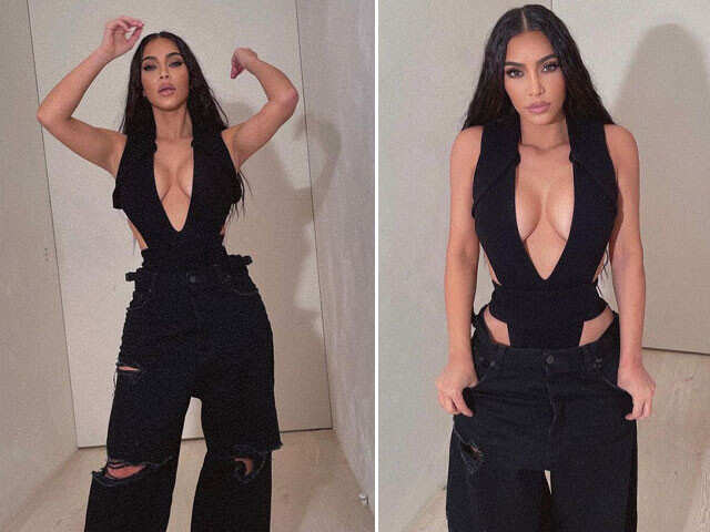 Kim K Inspired Black Bodysuit Black Deep V Neck Top Black One