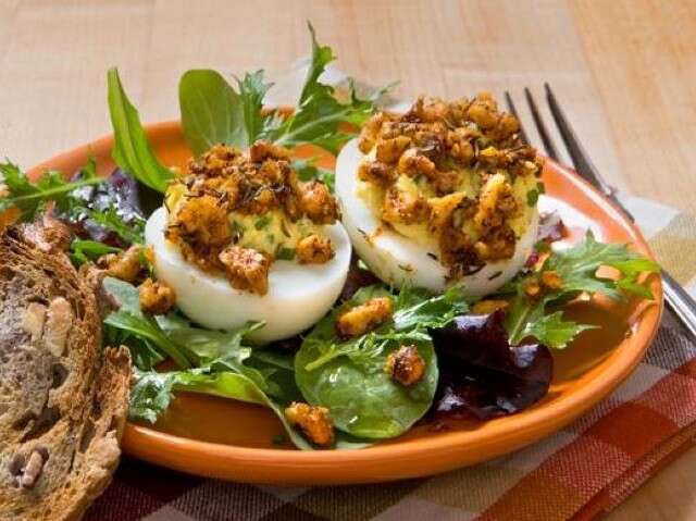 Devilled Eggs with Cajun-Spiced Walnut Crumb Topping