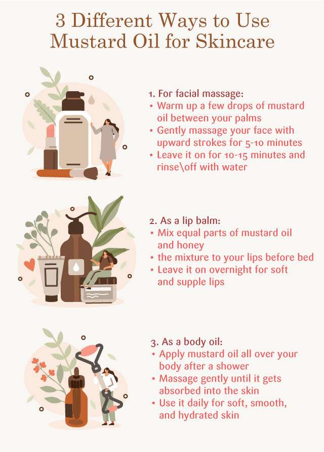 Different ways to use mustard oil on skin.