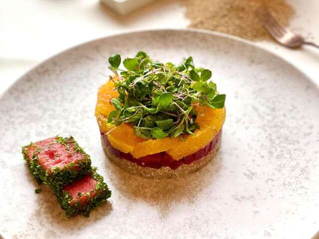 HERB CRUSTED WATERMELON OVER A RED BEET, MANDARIN CITRUS AND QUINOA _CY Hebbal (1)