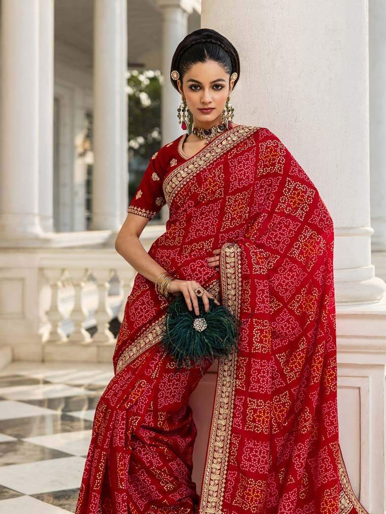 Libas Red Bandhani Printed Silk Blend Sari