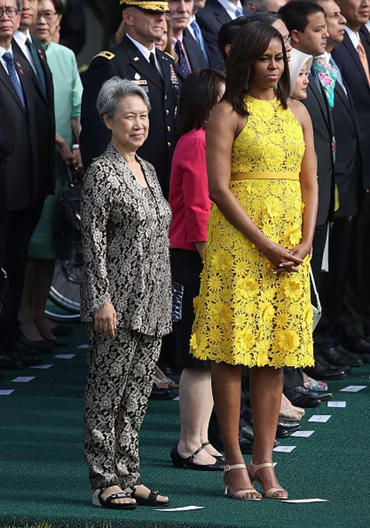 Michelle Obama Yellow Applique dress Singapore president wife