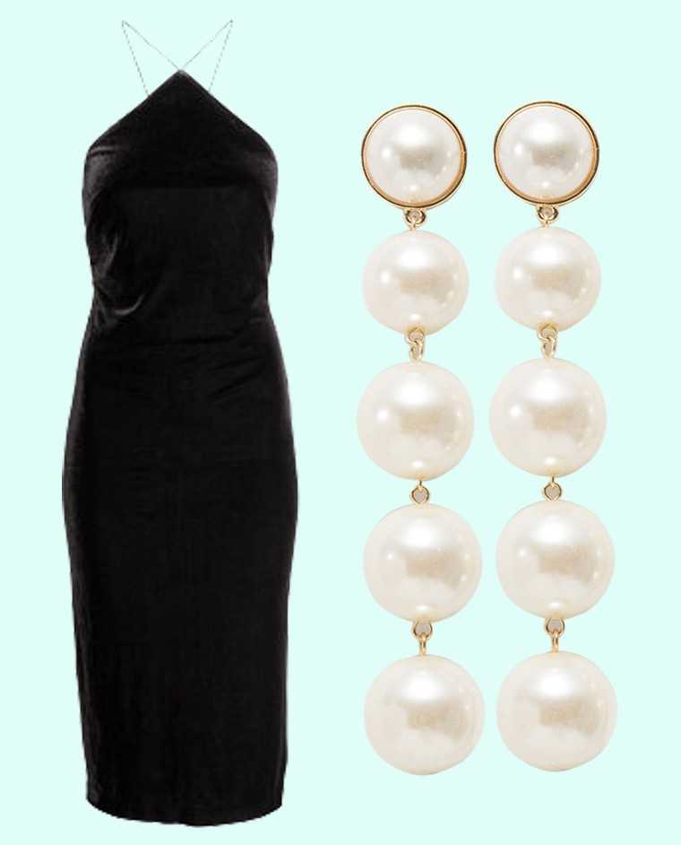 Show off your shoulders in this halter-style cocktail dress. Pull your hair into a low bun and add a pair of pearl danglers.  Crushed velvet dress, Rs 2,999, H&M  Pearl earrings, Rs 990, Zara