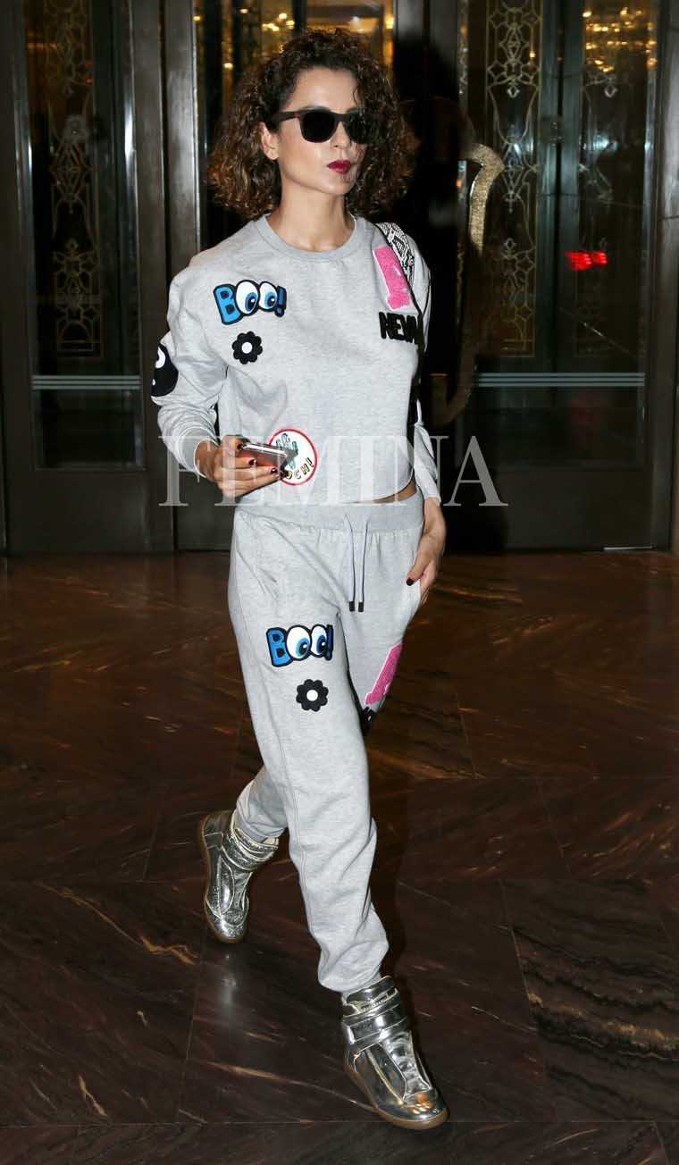 Kangana Ranaut got into rockstar mode in her cute and comfy sweatshirt-joggers set from Topshop, paired with metallic sneakers by Maison Martin Margiela.