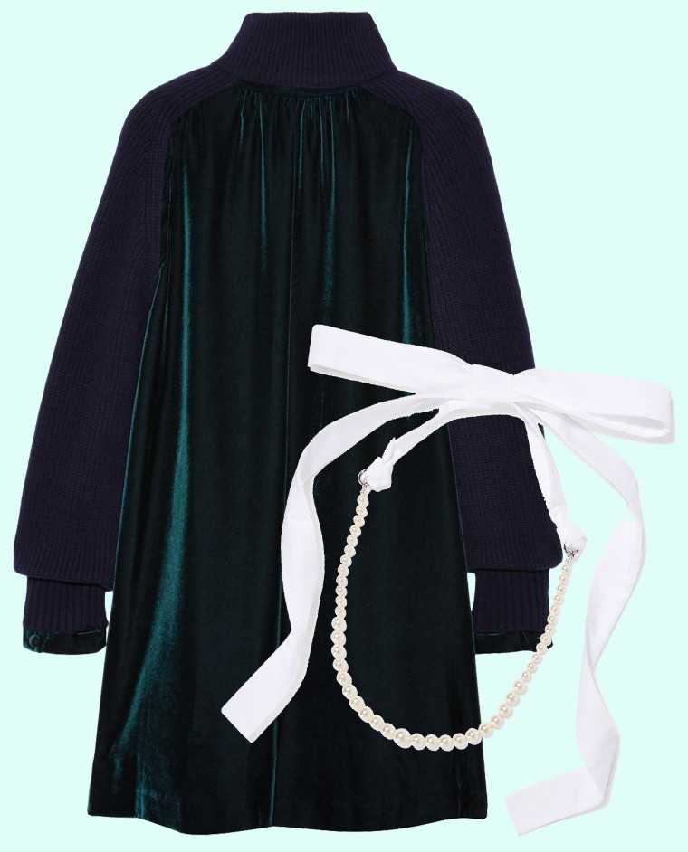 This shift dress in a deep forest green is perfect for the season’s laid-back parties.  A strand of pearls takes the retro vibe a notch up.   Wool-panelled velvet dress, price on request, Sacai @ Net-a-porter.com Faux pearl and poplin neckpiece, price o
