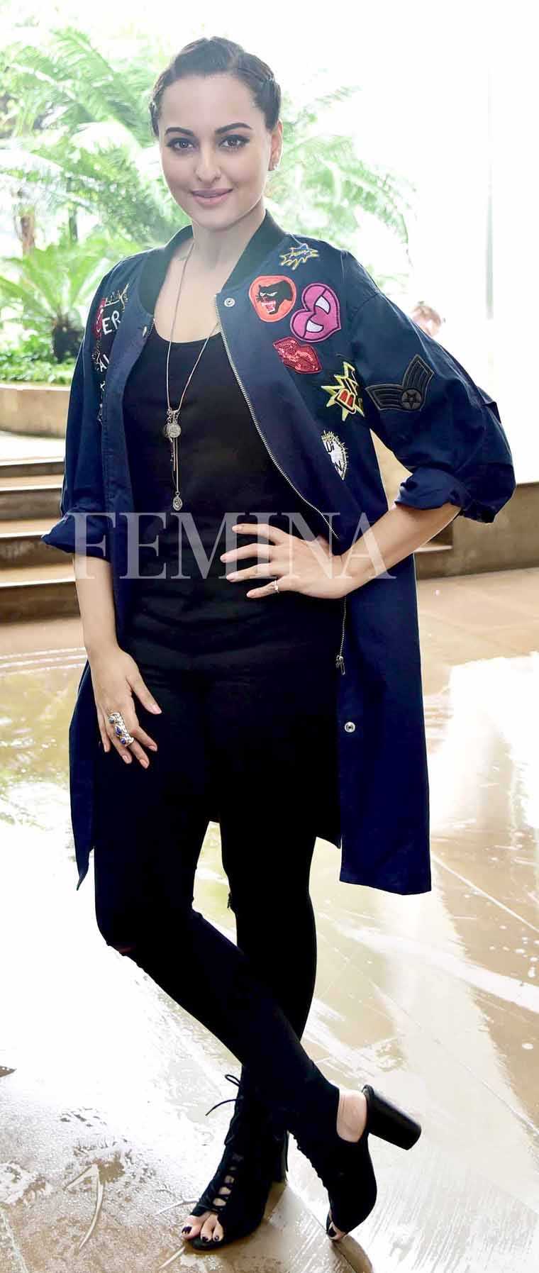 Sonakshi Sinha gave a badass spin to her all-black denims-and tee-combo with an oversized jacket from Madison. She added a pair of caged heels and braids to the mix.