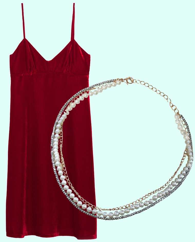 This deep red velvet slip dress is all kinds of sexy. Finish with sleek hair, a glossy mouth and a statement neckpiece.   Velvet slip dress, Rs 2,790, Zara Silver and pearl neckpiece, Rs 9,990, Rawtonica @ Rocknshop.com