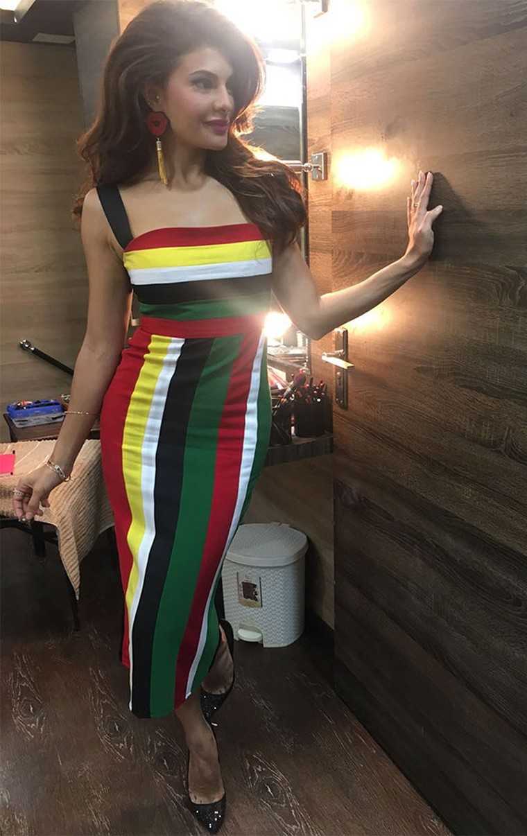 JACQUELINE FERNANDEZ: Jackie’s striped Rutu Neeva sheath caused a minor internet rumble because it was so adorable.