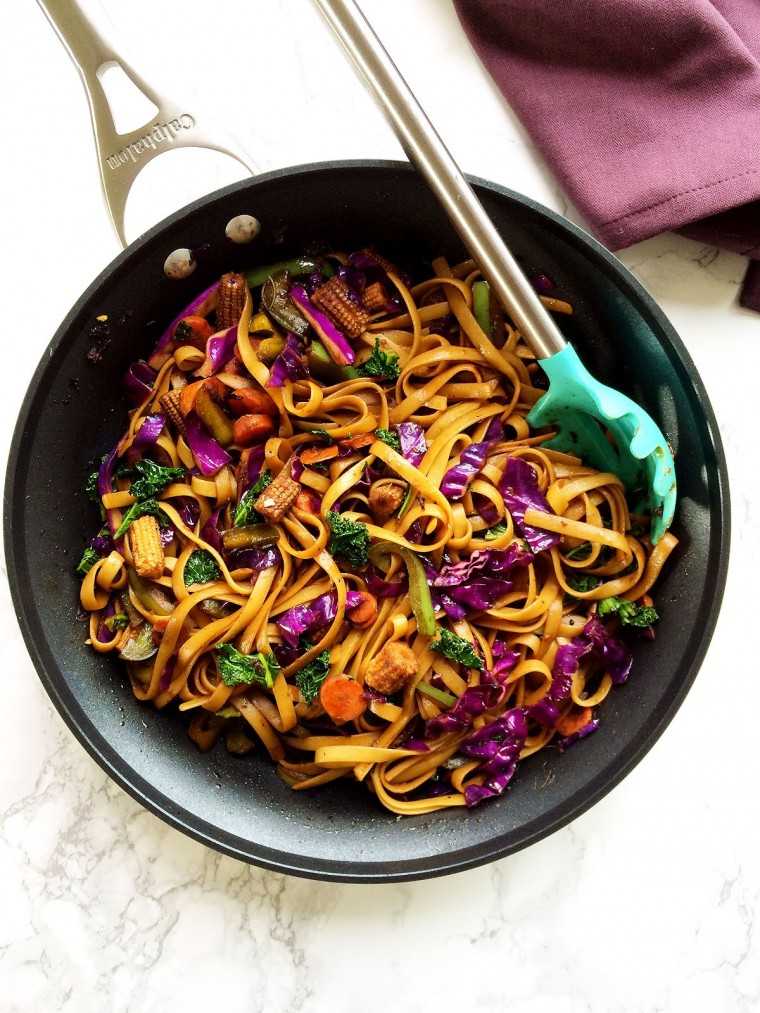 Vegan Mongolian noodles and veggie stir fry in soy ginger sauce