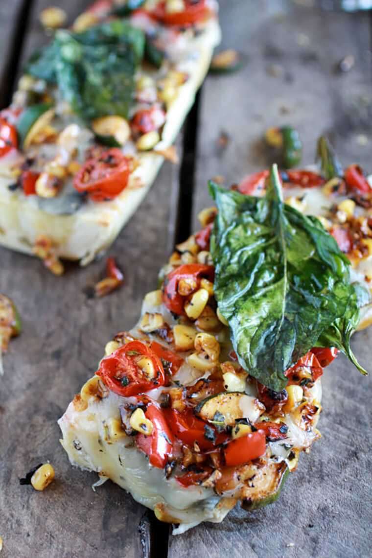 Crispy basil and caramelized garden vegetable Fontina French bread pizza