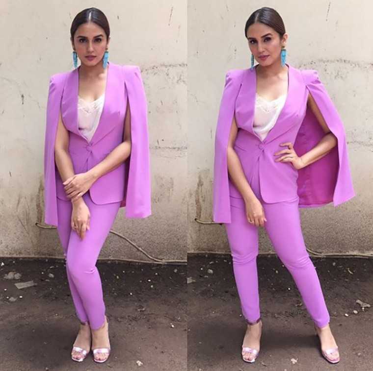 Huma Qureshi colour-blocking right in her lavender Lavish Alice pantsuit