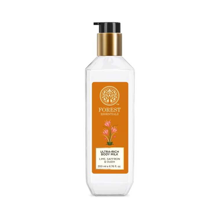 Forest Essentials Ultra Rich Body Milk Lime Saffron and Oudh nourishes skin with lightweight hydration