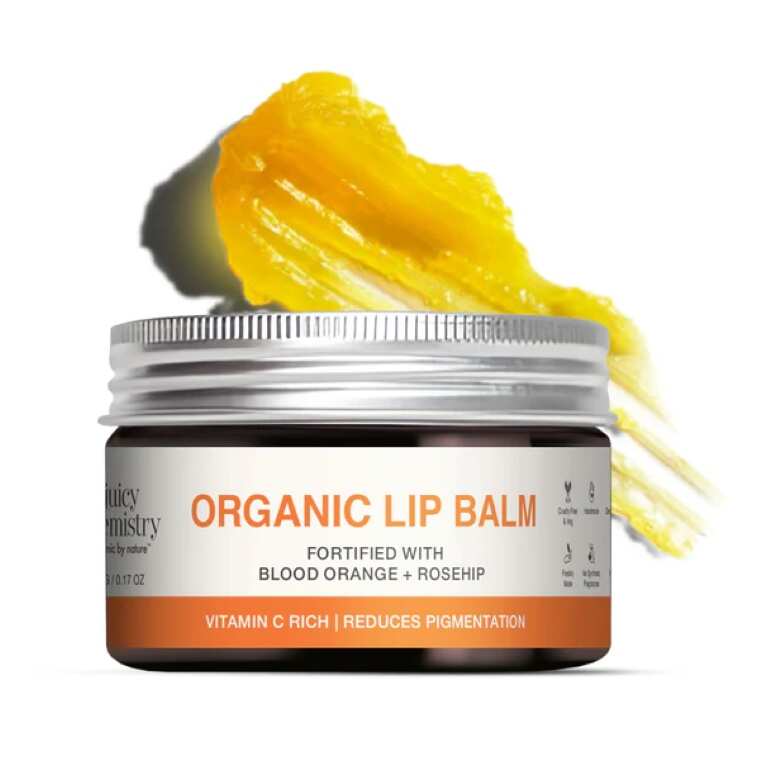 Juicy Chemistry Organic Lip Balm with Blood Orange and Rosehip deeply moisturises lips while improving lip pigmentation.