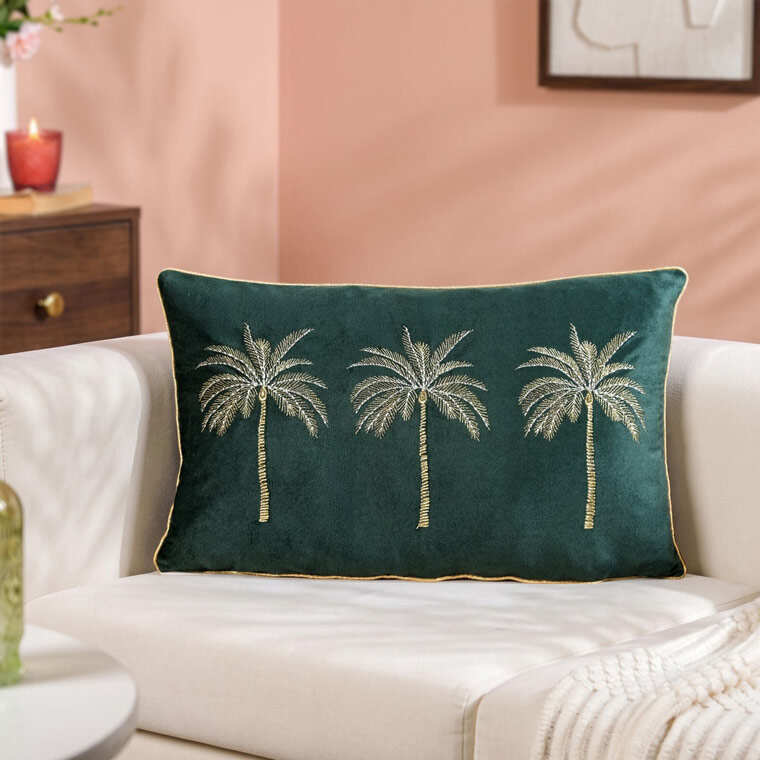 Emerald Palm Velvet Embroidered Cushion Cover From Nestasia