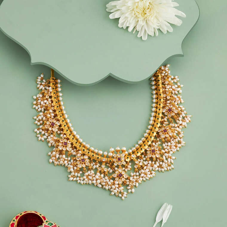 92.5 Silver Temple Necklace Set From Kushals