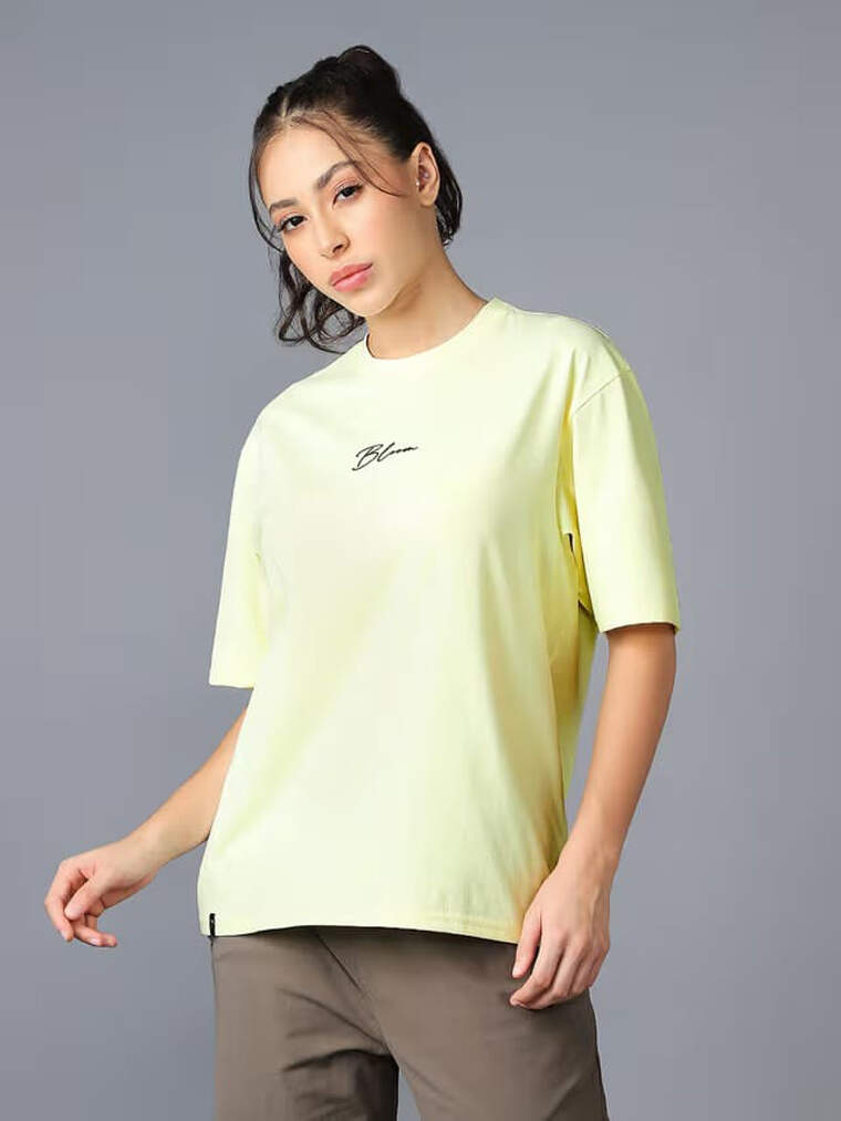 TechnoSport Women’s Back Printed Oversized Fit Round Neck T-Shirt With COTFLEX In Yellow