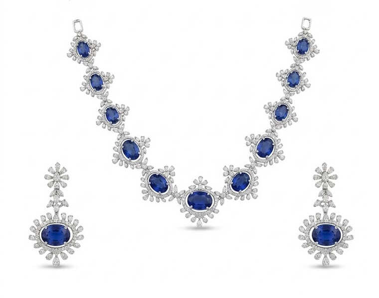 The Blue Sapphire Luxe Diamond Necklace Set From P.P. Jewellers By Pawan Gupta