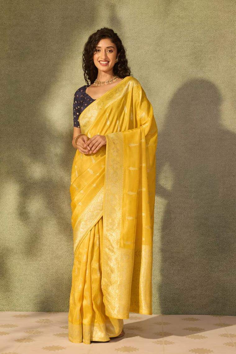 Yellow Woven Pure Viscose Sari From Taneira