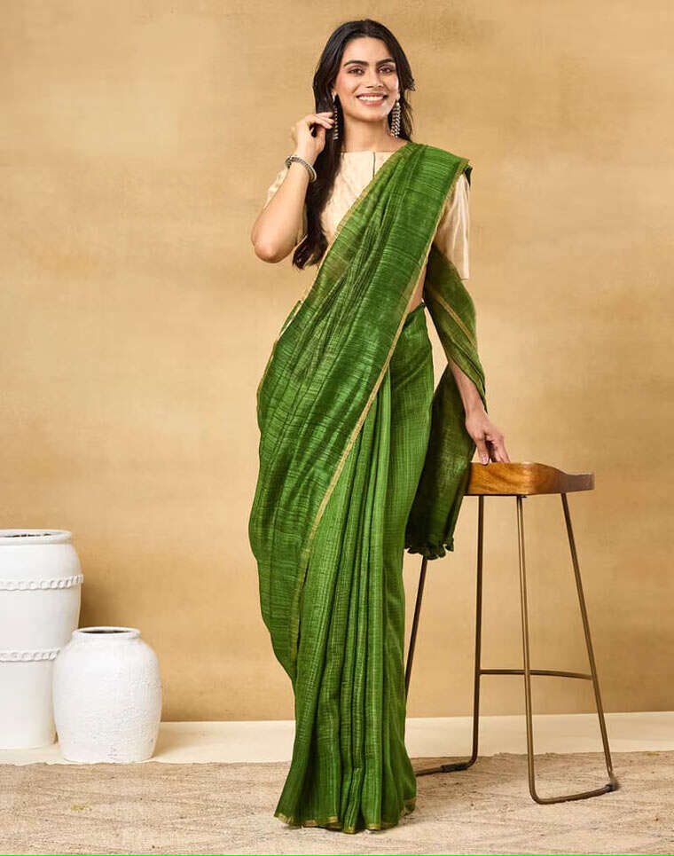 Olive-Green Silk Blend Hand Woven Sari From Fabindia