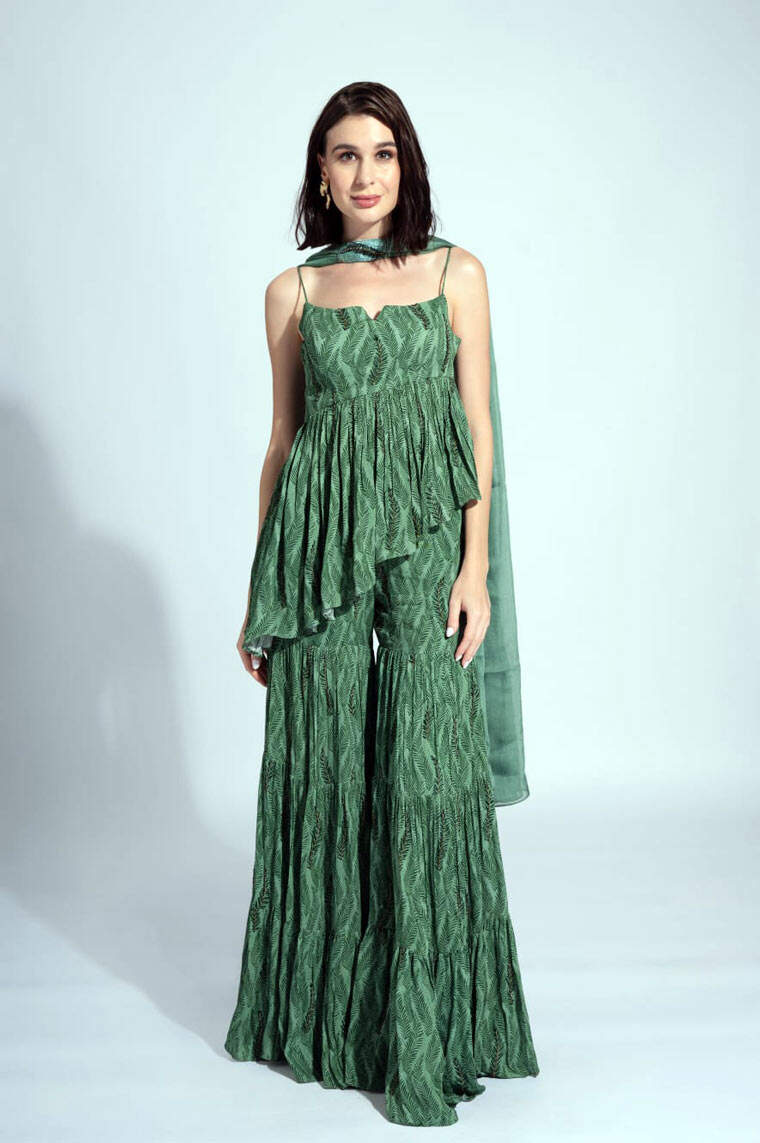 The Lush Woodland Grass Green Embroidered Sharara Set From Label Shivani Nirupam