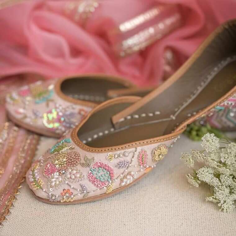 Coral Haze Inayat blush pink festive footwear with colourful zardozi, pearls, sequins and glass bead embroidery