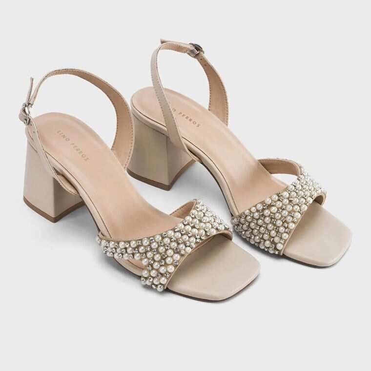 Lino Perros Victoria beige pearl embellished block heels with slingback straps for women’s festive occasion wear