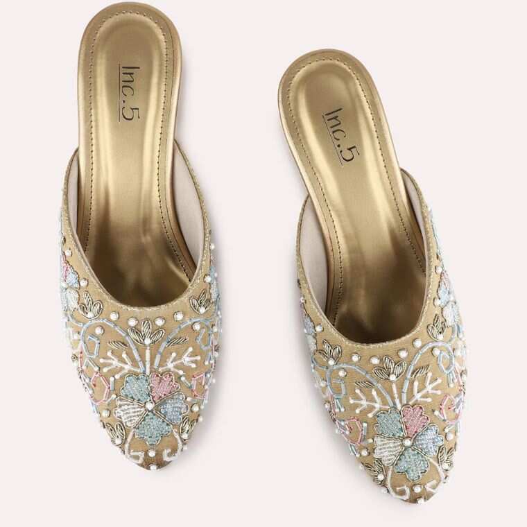 Inc.5 golden ethnic embellished pointed-toe block mule heels for women styled with sarees, shararas and festive lehengas