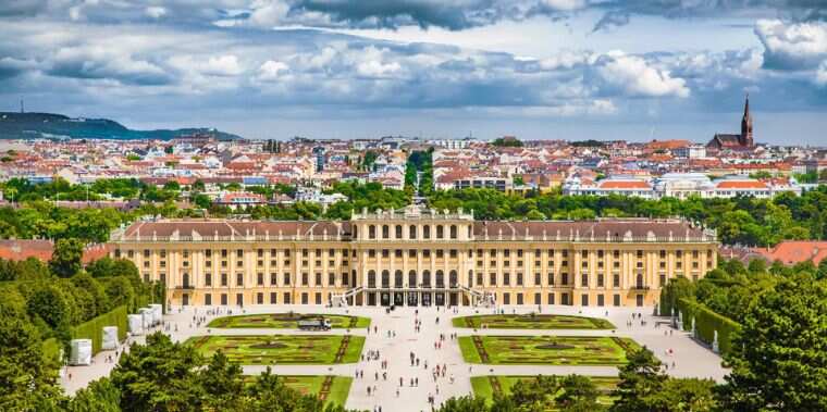 Schönbrunn Palace with its grand Baroque gardens and fountains in Vienna