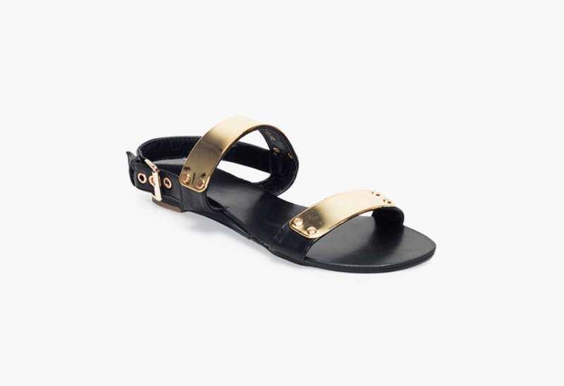 Gold Bar Flat Sandals - Black