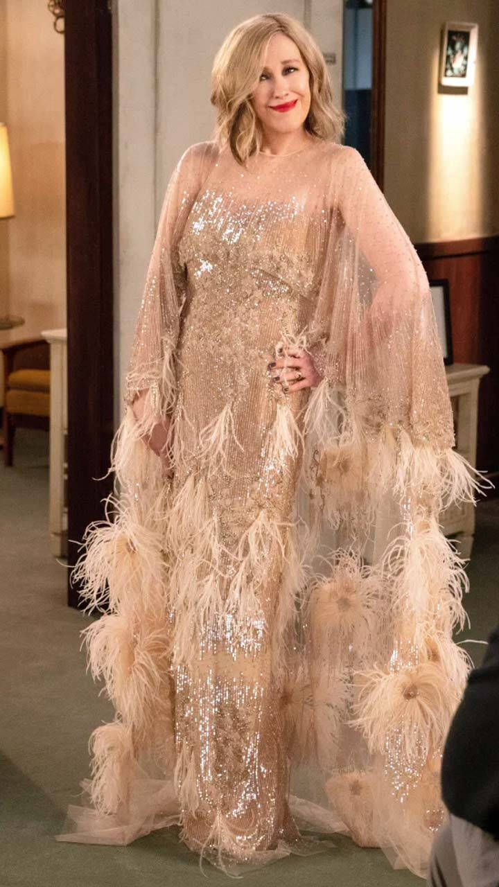 moira rose gold dress WornOnTV: Moira's feather trim tulle gown on Schitt's Creek | Catherine  O'Hara